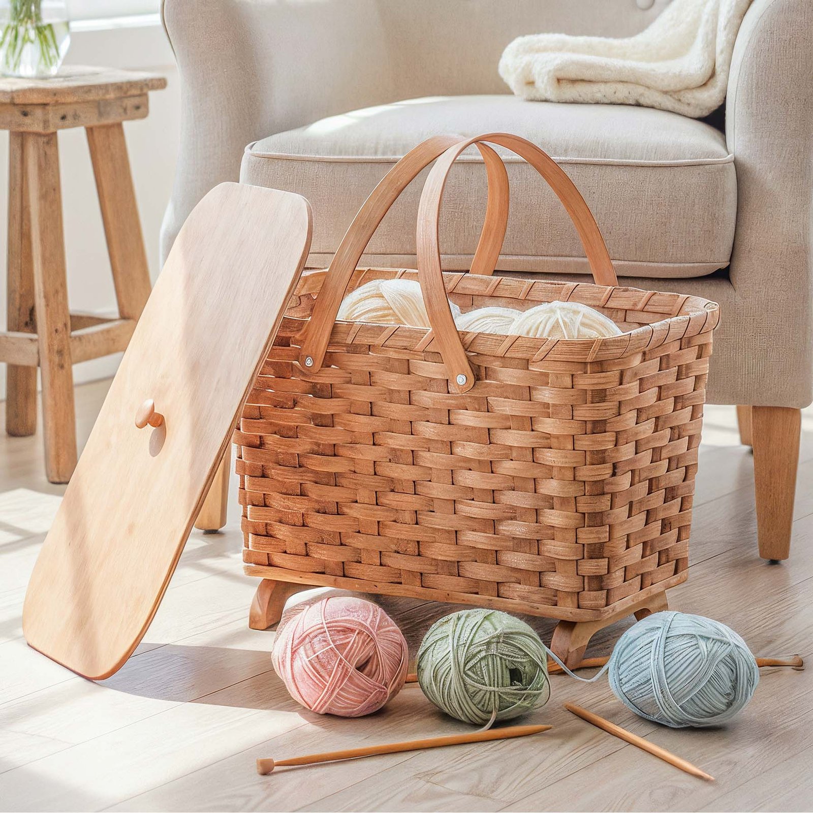 Homestead Knitting Basket | Amish Yarn & Project Storage with Lid & Legs - Image 2