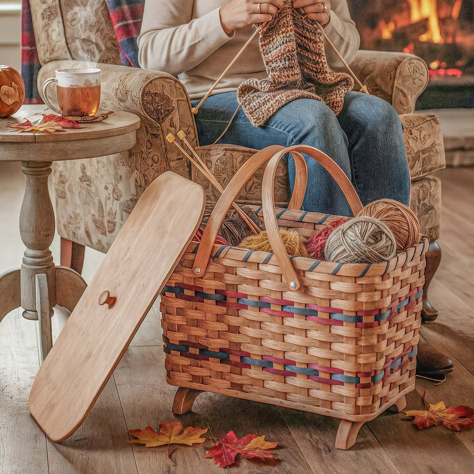 Homestead Knitting Basket | Amish Yarn & Project Storage with Lid & Legs - Image 3