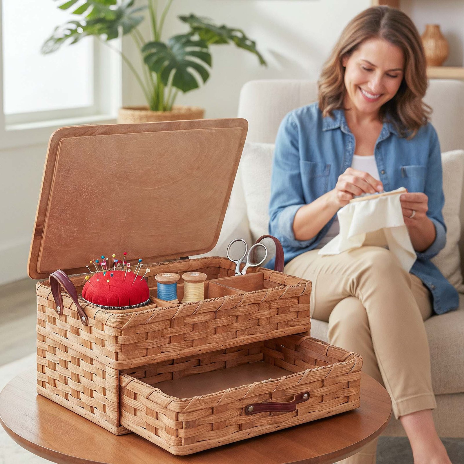 Large Sewing & Craft Basket | Sewing Organizer Box w/Drawer - Image 2