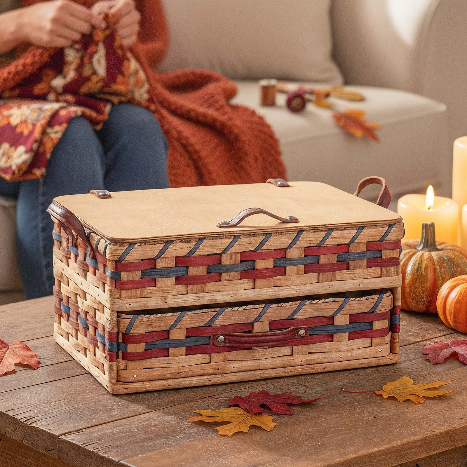 Large Sewing & Craft Basket | Sewing Organizer Box w/Drawer - Image 3